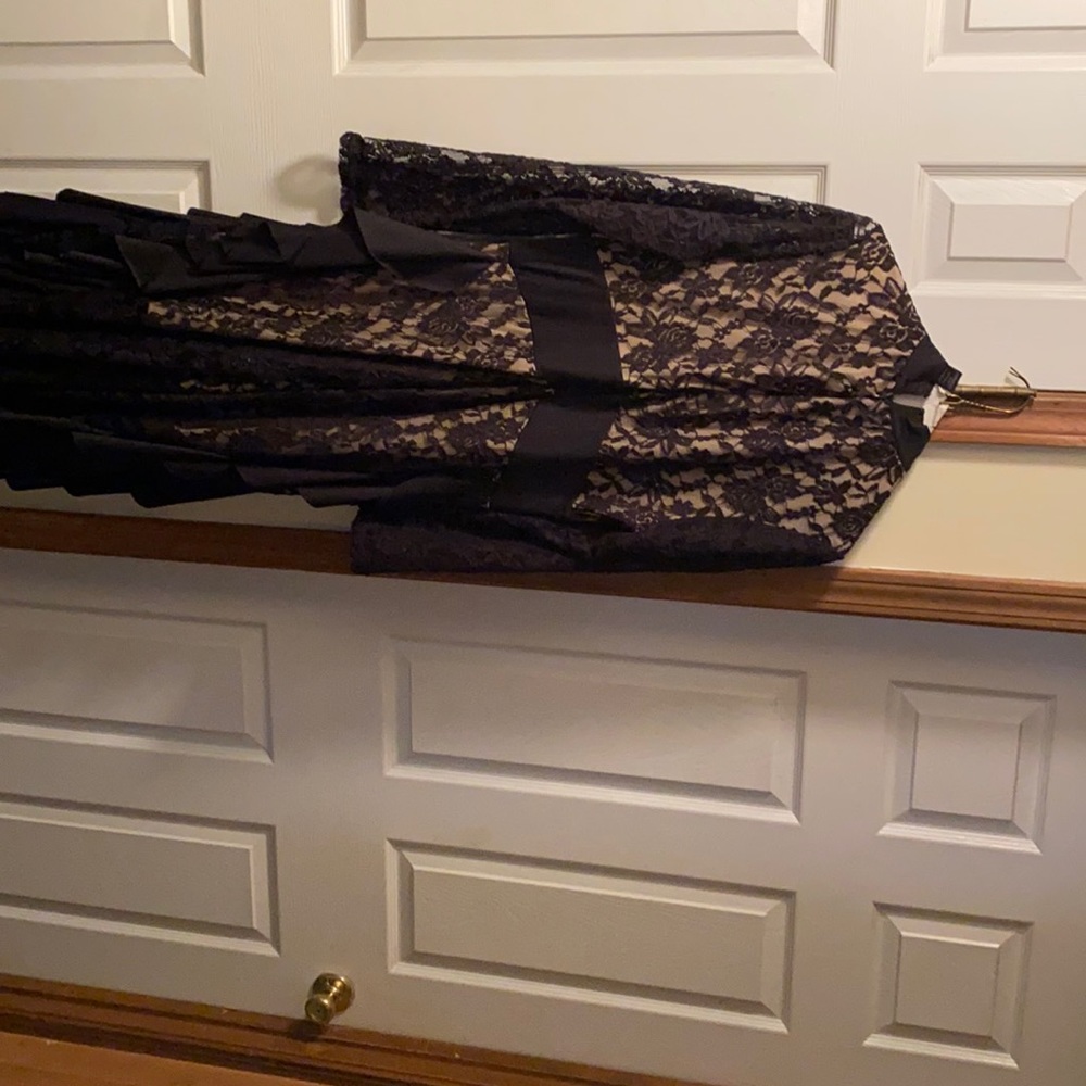 chic black lace dress with tan underlay